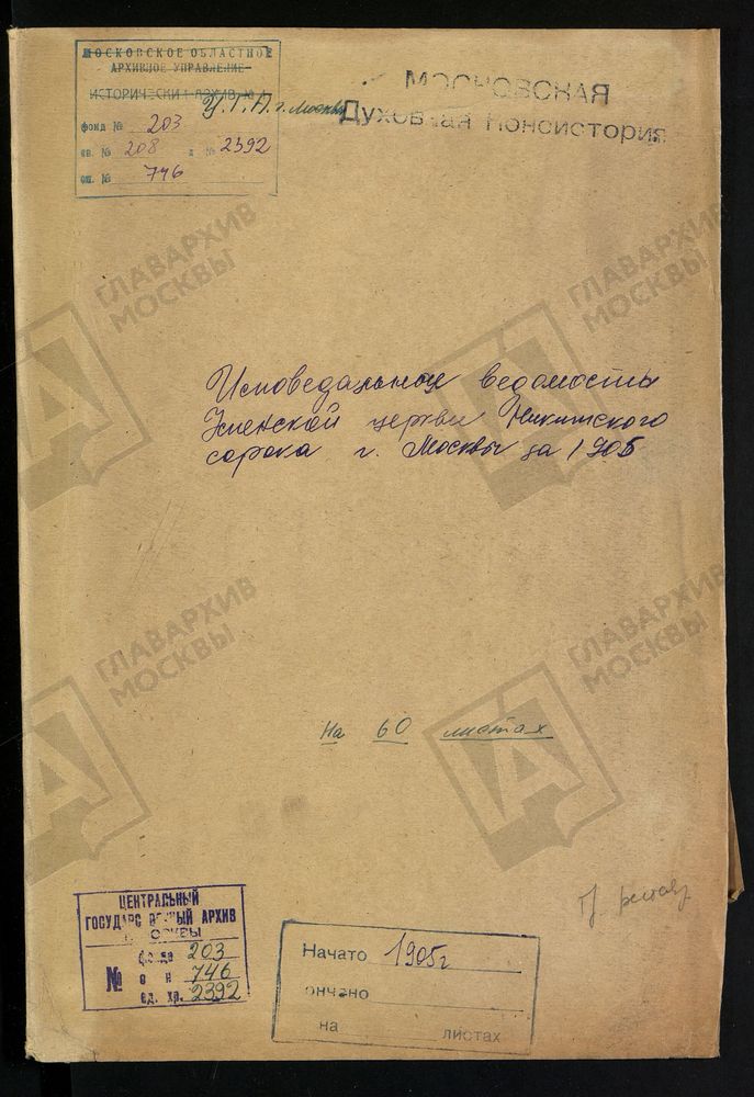 ИСПОВЕДНЫЕ ВЕДОМОСТИ, МОСКВА, НИКИТСКИЙ СОРОК, УСПЕНСКОЙ, НА ВРАЖКЕ, ЦЕРКВИ НИКИТСКОГО СОРОКА Г. МОСКВЫ – Титульная страница единицы хранения