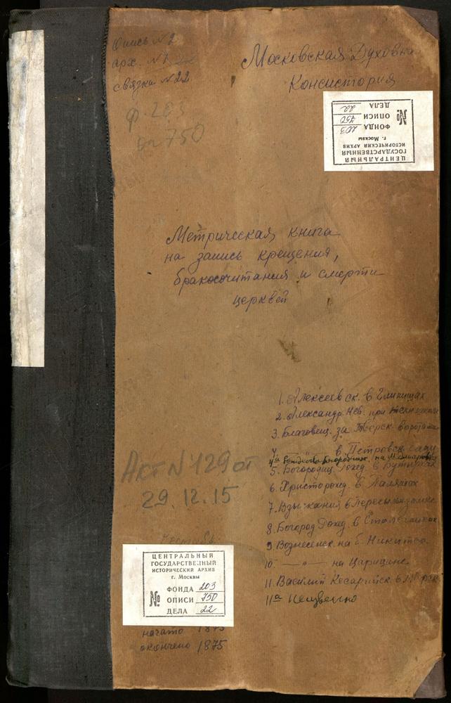 Метрические книги, Москва, Никитский сорок, Церковь св. Алексея Митрополита на Глинищах. Церковь св. Александра Невского в Комиссаровском техническом училище. Церковь Благовещенская на Тверской. Церковь Благовещенская в Петровском парке....