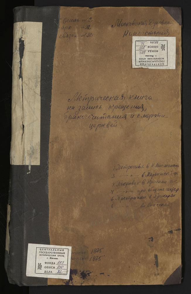 Метрические книги, Москва, Сретенский сорок, Церковь св. Петра и Павла в Басманной. Церковь св. Петра и Павла в Мариинской больнице. Церковь Покровская в Красном селе. Церковь Покровская при Покровской общине сестер милосердия. Церковь...