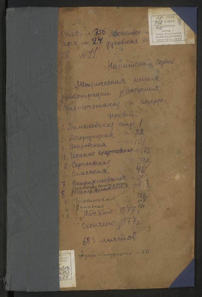 МЕТРИЧЕСКИЕ КНИГИ, МОСКВА, НИКИТСКИЙ СОРОК, МЕТРИЧЕСКИЕ КНИГИ ПИМЕНОВСКОЙ В СТАРЫХ ВОРОТНИКАХ, ПОКРОВСКОЙ В КУДРИНЕ, ПОКРОВСКОЙ В БЫВШЕМ ГУБЕРНСКОМ ТЮРЕМНОМ ЗАМКЕ, ИОАННО-ПРЕДТЕЧЕНСКОЙ ЗА ПРЕСНЕЙ, СЕРГИЕВСКОЙ НА ДМИТРОВКЕ, СПАССКОЙ В ГЛАЗНОЙ...