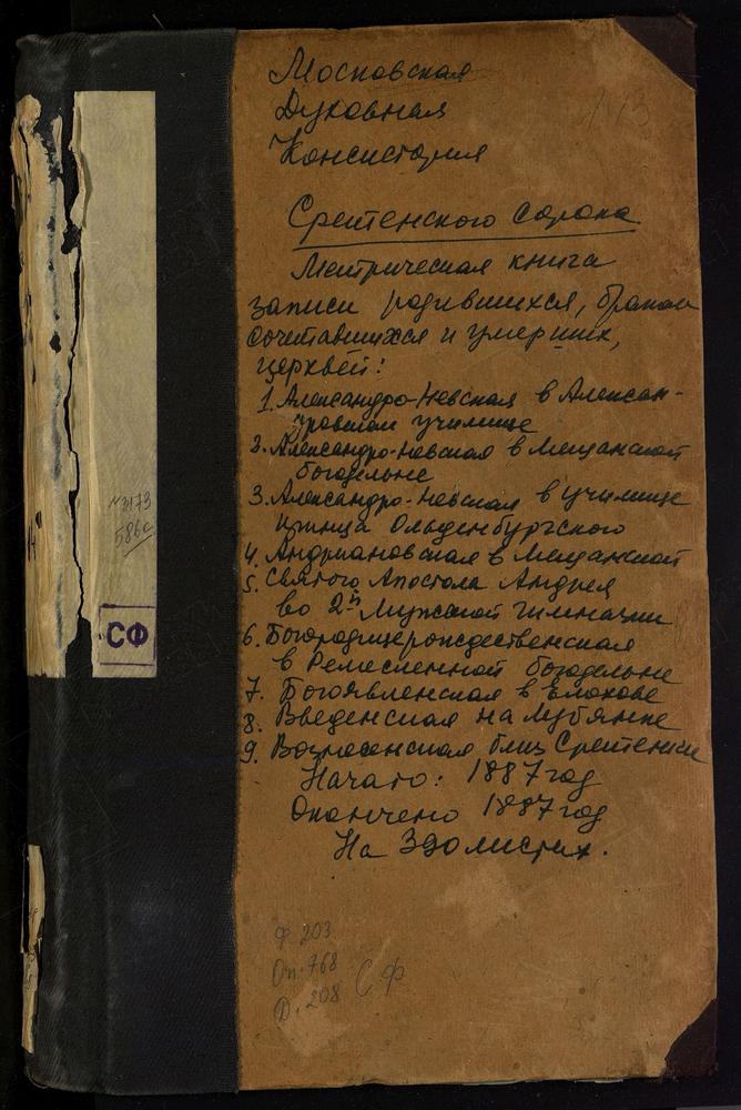 МЕТРИЧЕСКИЕ КНИГИ, МОСКВА, СРЕТЕНСКИЙ СОРОК, ЦЕРКОВЬ СВ. АЛЕКСАНДРА НЕВСКОГО В ИНСТИТУТЕ. ЦЕРКОВЬ СВ. АЛЕКСАНДРА НЕВСКОГО В ПОКРОВСКОЙ МЕЩАНСКОЙ БОГАДЕЛЬНЕ. ЦЕРКОВЬ СВ. АЛЕКСАНДРА НЕВСКОГО В УЧИЛИЩЕ ПРИНЦА ОЛЬДЕНБУРГСКОГО. ЦЕРКОВЬ СВ. АНДРЕЯ...