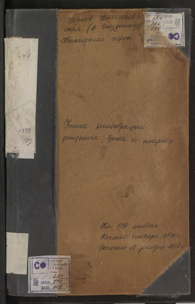 Метрические книги, Москва, Никитский сорок, Церковь св. Николая Чудотворца в Гнездниках (ч.I-III) – Титульная страница единицы хранения