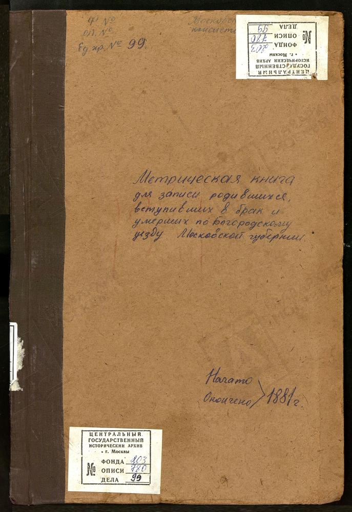 МЕТРИЧЕСКИЕ КНИГИ, МОСКОВСКАЯ ГУБЕРНИЯ, БОГОРОДСКИЙ УЕЗД, ПАВЛОВСКИЙ ПОСАД Г., ВОСКРЕСЕНСКАЯ ЦЕРКОВЬ. – Титульная страница единицы хранения