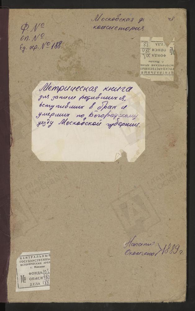 МЕТРИЧЕСКИЕ КНИГИ, МОСКОВСКАЯ ГУБЕРНИЯ, БОГОРОДСКИЙ УЕЗД, БОГОРОДСК Г., ТИХВИНСКОЙ БМ КЛАДБИЩЕНСКАЯ ЦЕРКОВЬ. – Титульная страница единицы хранения