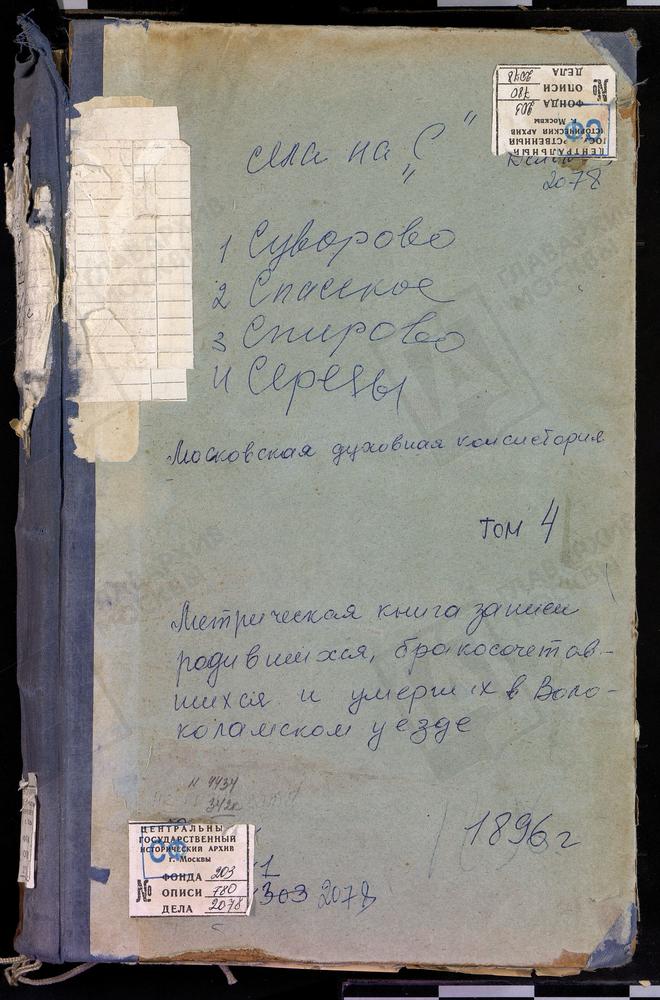 МЕТРИЧЕСКИЕ КНИГИ, МОСКОВСКАЯ ГУБЕРНИЯ, ВОЛОКОЛАМСКИЙ УЕЗД, СЕРЕДА СЕЛО, ТРОИЦКАЯ ЦЕРКОВЬ. СПАССКОЕ СЕЛО, ПРЕОБРАЖЕНСКАЯ ЦЕРКОВЬ. СПИРОВО СЕЛО, ВВЕДЕНСКАЯ ЦЕРКОВЬ. СУВОРОВО СЕЛО, РОЖДЕСТВА БОГОРОДИЦЫ ЦЕРКОВЬ – Титульная страница единицы хранения