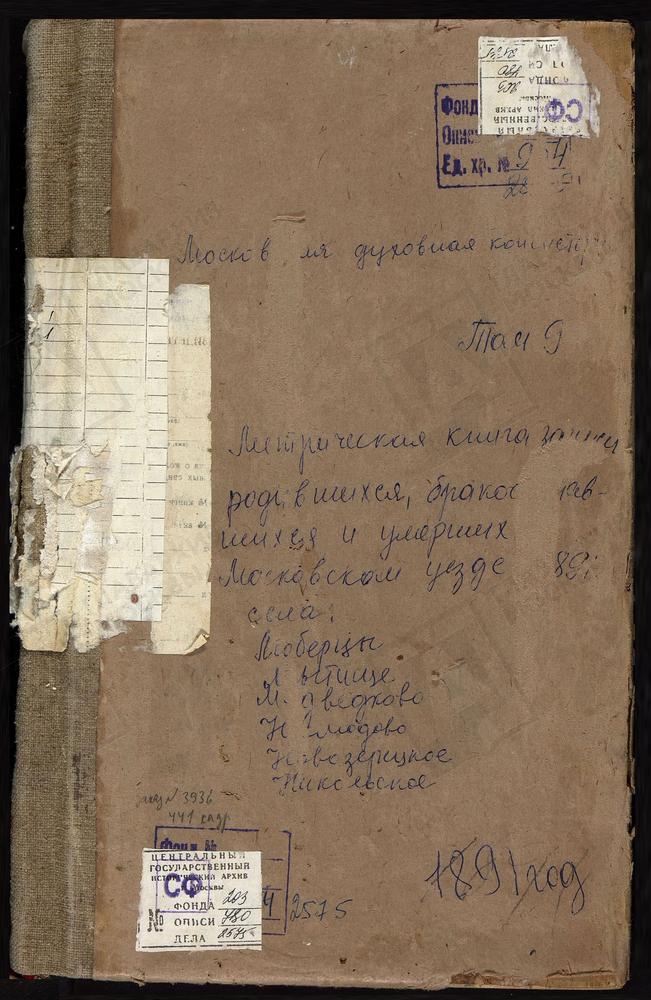 Метрические книги, Московская губерния, Московский уезд, Люберцы село, Преображенская церковь. Марфино село, Рождества Богородицы церковь. Медведково село, Покровская церковь. Мытищи село, Владимирской БМ церковь. Неклюдово село, Владимирской...