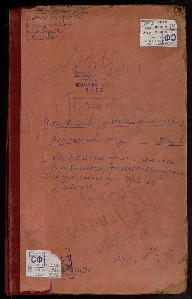 Метрические книги, Московская губерния, Подольский уезд, Акулинино село, Св. Михаила Архангела церковь. Александрово село, Успенская церковь. Астафьево село, Троицкая церковь. Подольск г., Троицкий собор. Подольск г., Воскресенская...