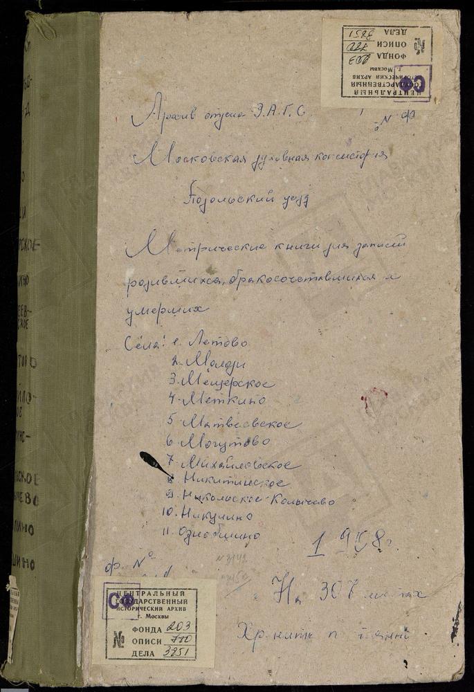 Метрические книги, Московская губерния, Подольский уезд, Летово село, Св. Николая Чудотворца церковь. Матвеевское село, Благовещенская церковь. Меткино село, Св. Космы и Дамиана церковь. Мещерское село, Покровская церковь. Михайловское село,...