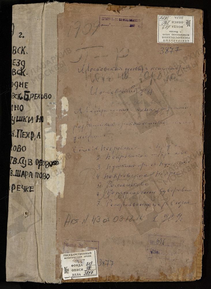 Метрические книги, Московская губерния, Московский уезд, Покровское на Городне село, Покровская церковь. Покровское-Брехово село, Покровская церковь. Покровское-Пехра село, Покровская церковь. Пушкино село, Св. Николая Чудотворца церковь....