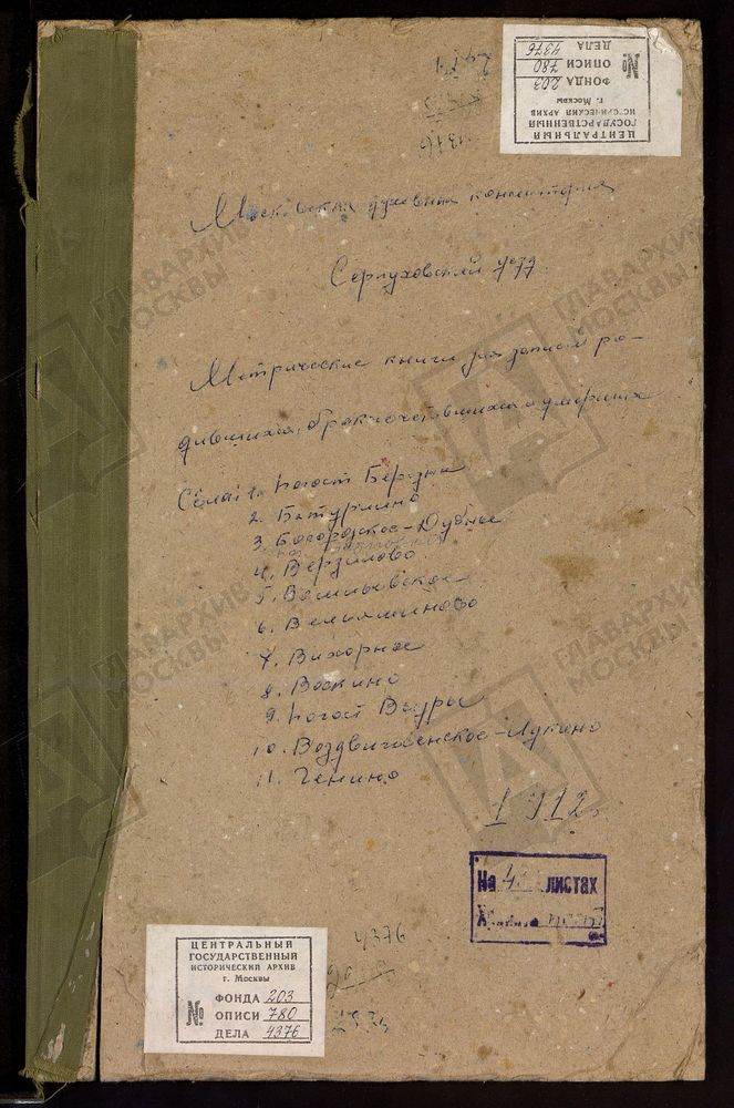 МЕТРИЧЕСКИЕ КНИГИ, МОСКОВСКАЯ ГУБЕРНИЯ, СЕРПУХОВСКОЙ УЕЗД, БЕРЕЗНЯ ПОГОСТ, СВ. НИКОЛАЯ ЧУДОТВОРЦА ЦЕРКОВЬ. БОБРОВКИ ПОГОСТ, СКОРБЯЩЕНСКАЯ ЦЕРКОВЬ. БОГОРОДСКОЕ-ДУБНА СЕЛО, ВЛАДИМИРСКОЙ БМ ЦЕРКОВЬ. БУТУРЛИНО СЕЛО, СВ. НИКОЛАЯ ЧУДОТВОРЦА ЦЕРКОВЬ...