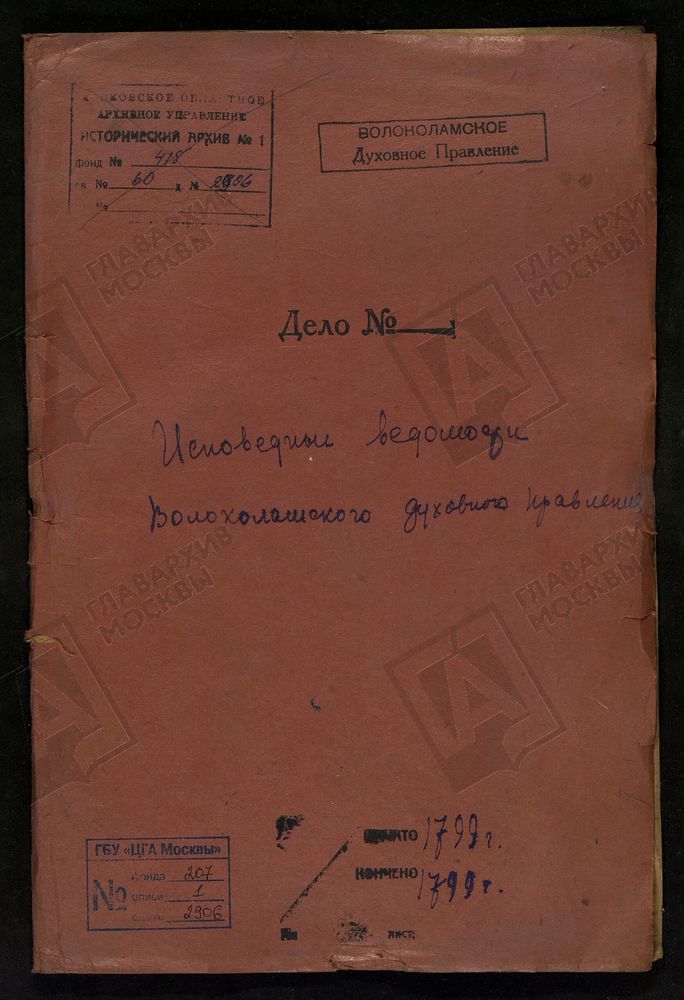 МОСКОВСКАЯ ГУБЕРНИЯ. ВОЛОКОЛАМСКИЙ УЕЗД. ВОЛОКОЛАМСКОЕ ДУХОВНОЕ ПРАВЛЕНИЕ. – Титульная страница единицы хранения