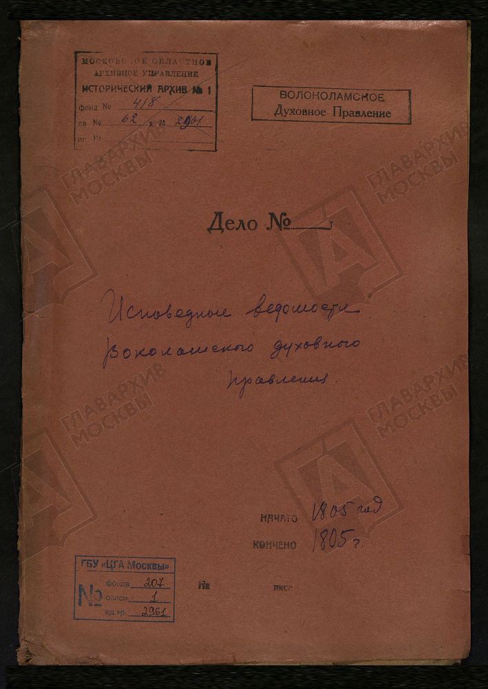 МОСКОВСКАЯ ГУБЕРНИЯ. ВОЛОКОЛАМСКИЙ УЕЗД. ВОЛОКОЛАМСКОЕ ДУХОВНОЕ ПРАВЛЕНИЕ. [Комментарии пользователей: стр 2 Предтеченская Ярополец; стр 6 Гарутино; стр 18 с Федоровского ц Скорбященская; стр 44 Раменье.] – Титульная страница единицы хранения