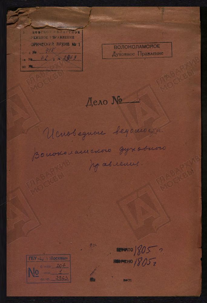 МОСКОВСКАЯ ГУБЕРНИЯ. ВОЛОКОЛАМСКИЙ УЕЗД. ВОЛОКОЛАМСКОЕ ДУХОВНОЕ ПРАВЛЕНИЕ. [Комментарии пользователей: с Белой колпи стр 2; с Александровское стр 20; ц Рождества Пресвятой Богородицы стр 40.] – Титульная страница единицы хранения