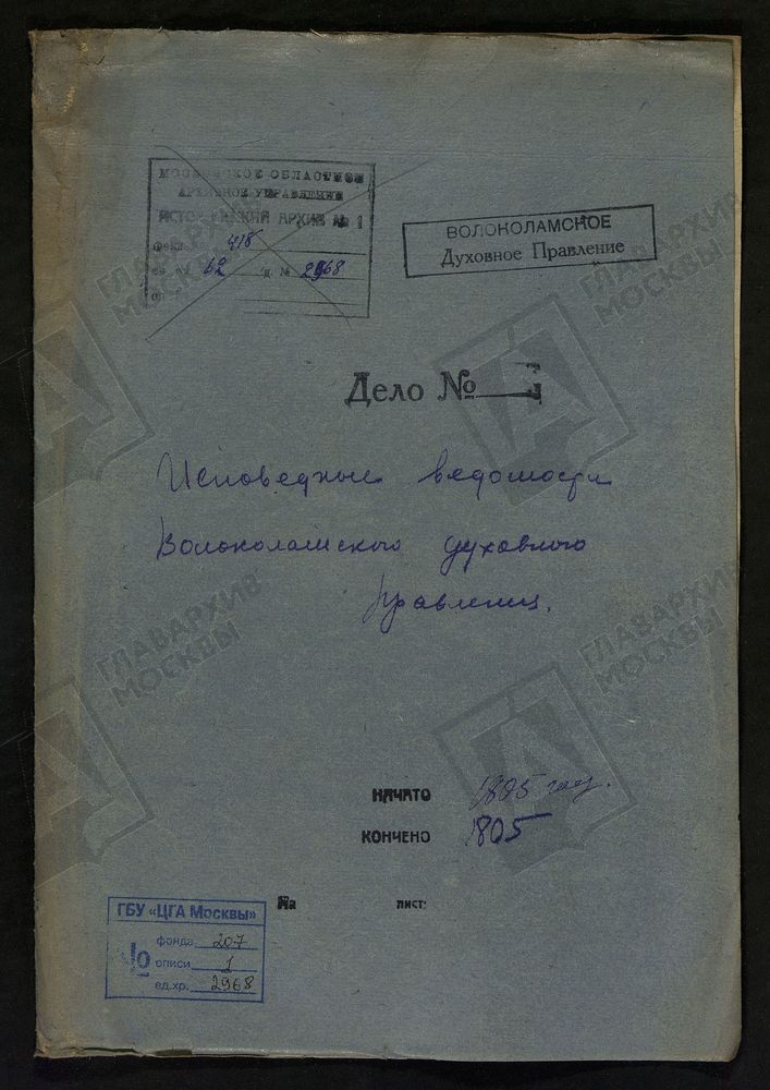 МОСКОВСКАЯ ГУБЕРНИЯ. ВОЛОКОЛАМСКИЙ УЕЗД. ВОЛОКОЛАМСКОЕ ДУХОВНОЕ ПРАВЛЕНИЕ. [Комментарии пользователей: ц Предтеченская погоста Ивановского стр 2; стр 16; Спирово Введенская стр 48; Стратилатской стр 62 стр 80.] – Титульная страница единицы...