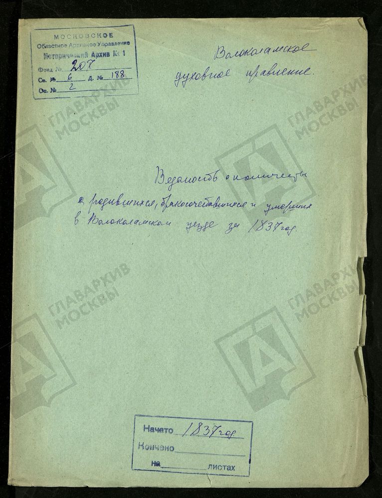 МОСКОВСКАЯ ГУБЕРНИЯ. ВОЛОКОЛАМСКИЙ УЕЗД. ВЕДОМОСТЬ О КОЛИЧЕСТВЕ РОДИВШИХСЯ, БРАКОСОЧЕТАВШИХСЯ И УМЕРШИХ. – Титульная страница единицы хранения