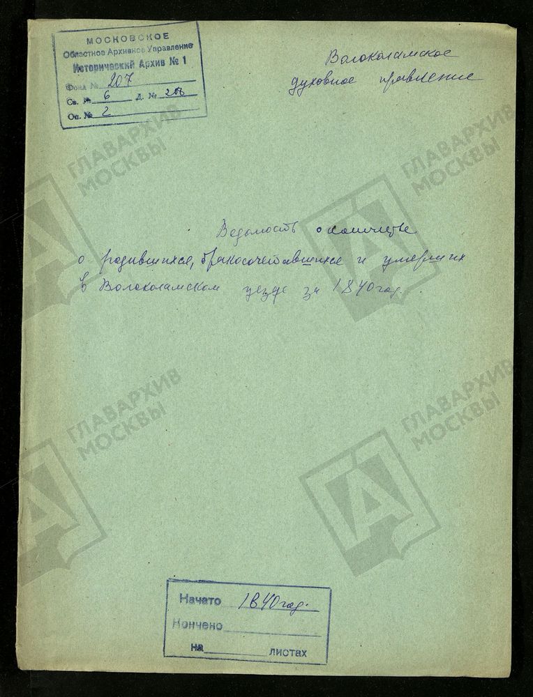 МОСКОВСКАЯ ГУБЕРНИЯ. ВОЛОКОЛАМСКИЙ УЕЗД. ВЕДОМОСТЬ О КОЛИЧЕСТВЕ РОДИВШИХСЯ, БРАКОСОЧЕТАВШИХСЯ И УМЕРШИХ. – Титульная страница единицы хранения