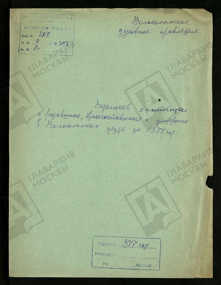 МОСКОВСКАЯ ГУБЕРНИЯ. ВОЛОКОЛАМСКИЙ УЕЗД. ВЕДОМОСТЬ О КОЛИЧЕСТВЕ РОДИВШИХСЯ, БРАКОСОЧЕТАВШИХСЯ И УМЕРШИХ. – Титульная страница единицы хранения