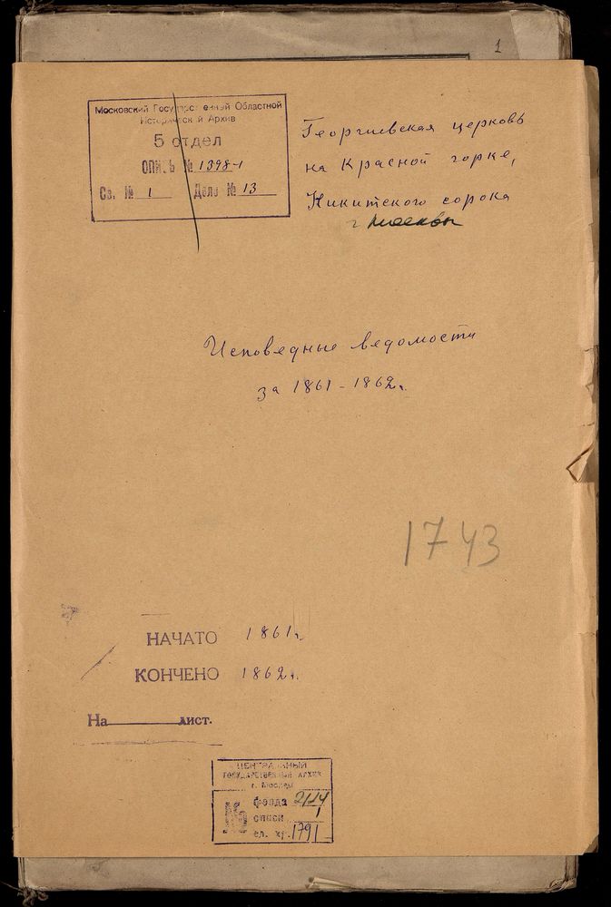 Исповедные ведомости, Москва, Никитский сорок, Георгиевская церковь на Красной Горке – Титульная страница единицы хранения