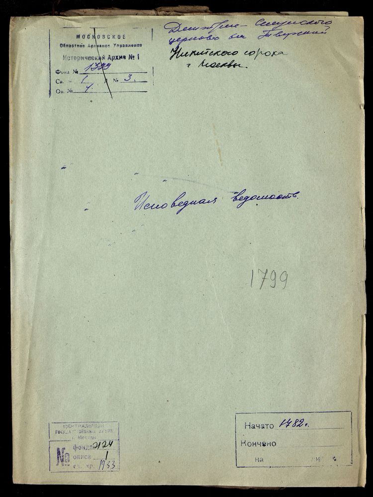 Исповедные ведомости, Москва, Никитский сорок, Дмитрие-Селунская церковь на Тверской – Титульная страница единицы хранения