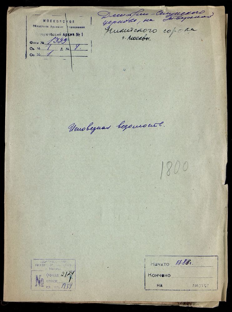 Исповедные ведомости, Москва, Никитский сорок, Дмитрие-Селунская церковь на Тверской – Титульная страница единицы хранения