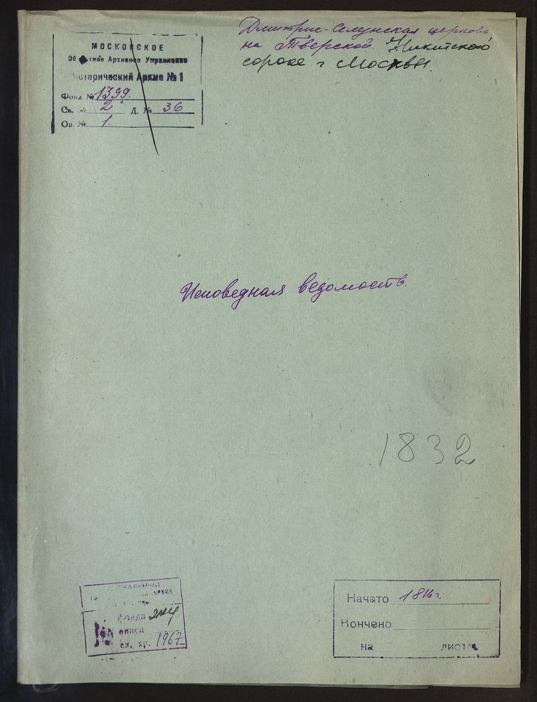 Исповедные ведомости, Москва, Никитский сорок, Дмитрие-Селунская церковь на Тверской – Титульная страница единицы хранения