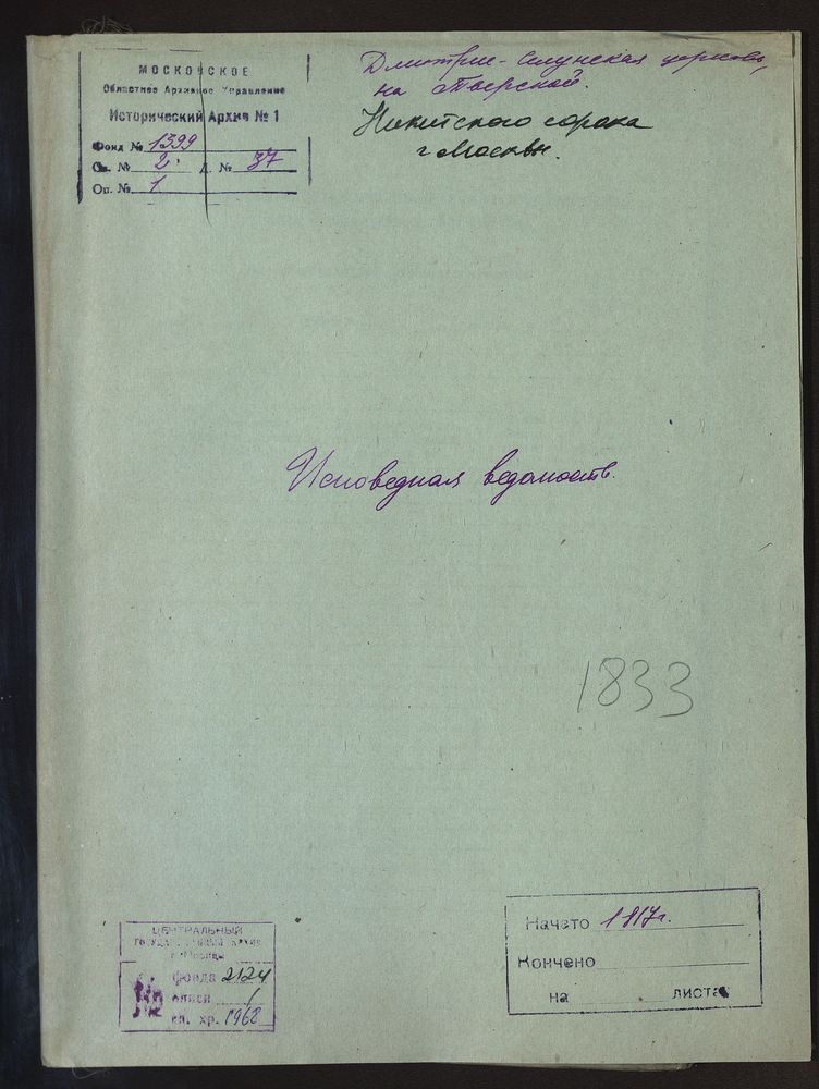 Исповедные ведомости, Москва, Никитский сорок, Дмитрие-Селунская церковь на Тверской – Титульная страница единицы хранения