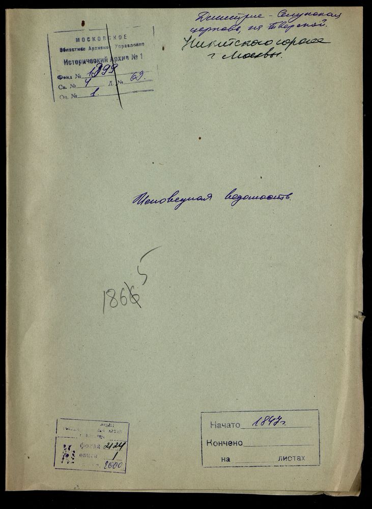 Исповедные ведомости, Москва, Никитский сорок, Дмитрие-Селунская церковь на Тверской – Титульная страница единицы хранения