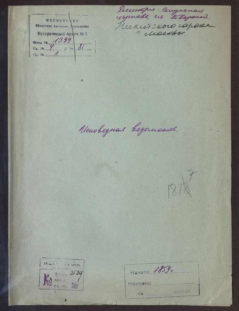 Исповедные ведомости, Москва, Никитский сорок, Дмитрие-Селунская церковь на Тверской – Титульная страница единицы хранения