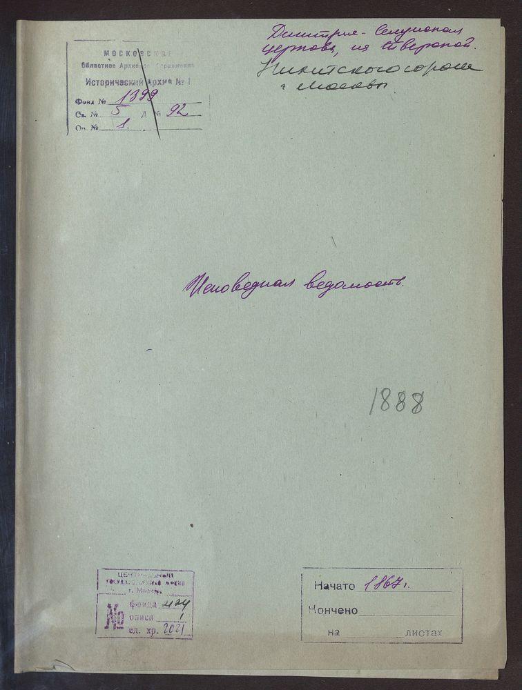 Исповедные ведомости, Москва, Никитский сорок, Дмитрие-Селунская церковь на Тверской – Титульная страница единицы хранения