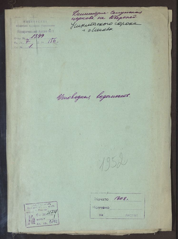 Исповедные ведомости, Москва, Никитский сорок, Дмитрие-Селунская церковь на Тверской – Титульная страница единицы хранения