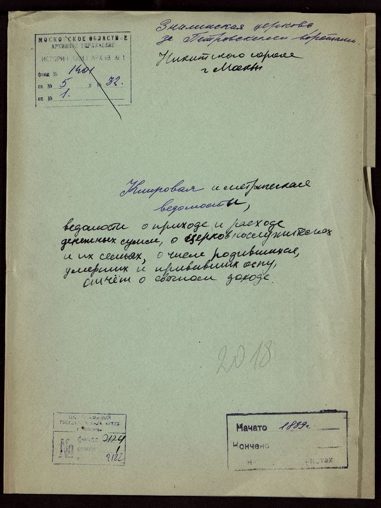 Москва, Никитский сорок, Ведомости: клировая, метрическая, приходо-расходная, ревизская о церковнослужителях и их семьях, о числе родившихся, умерших и прививших оспу, отчет о свечном доходе, Знаменская церковь за Петровскими Воротами –...