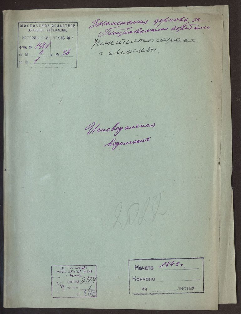 Исповедные ведомости, Москва, Никитский сорок, Знаменская церковь за Петровскими Воротами – Титульная страница единицы хранения