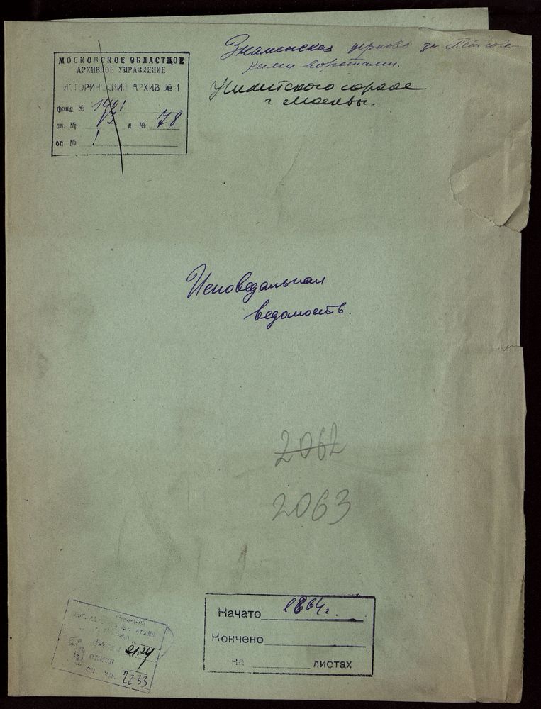 Исповедные ведомости, Москва, Никитский сорок, Знаменская церковь за Петровскими Воротами – Титульная страница единицы хранения