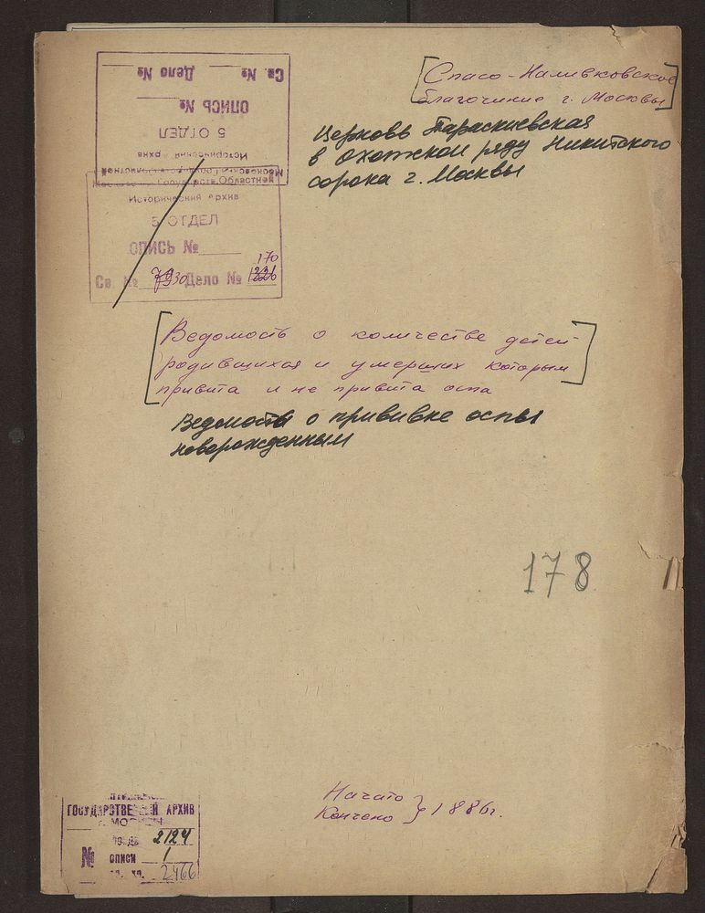 Москва, Никитский сорок, Ведомость о прививке оспы новорожденным, Параскиевская церковь в Охотном Ряду – Титульная страница единицы хранения