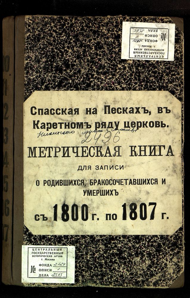 Метрические книги, Москва, Никитский сорок, Спасская церковь на Песках, в Каретном Ряду – Титульная страница единицы хранения