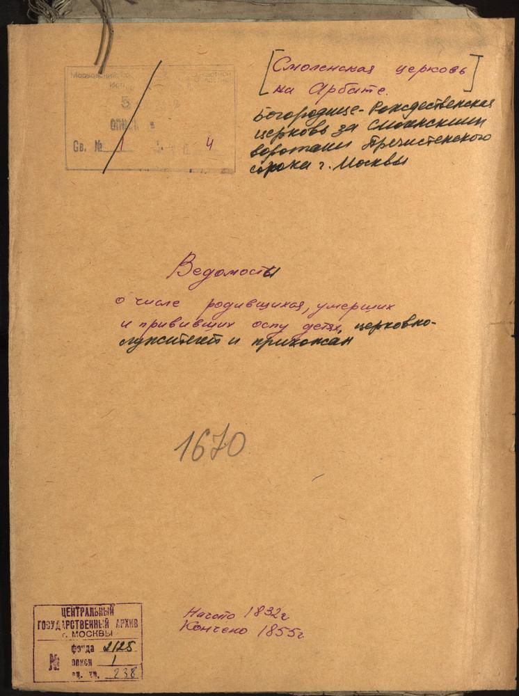 МОСКВА, ПРЕЧИСТЕНСКИЙ СОРОК, ВЕДОМОСТИ О РОДИВШИХСЯ, УМЕРШИХ И ПРИВИВШИХ ОСПУ ДЕТЯХ ЦЕРКОВНОСЛУЖИТЕЛЕЙ И ПРИХОЖАН ЦЕРКВИ БОГОРОДИЦЕ-РОЖДЕСТВЕНСКОЙ ЗА СМОЛЕНСКИМИ ВОРОТАМИ – Титульная страница единицы хранения