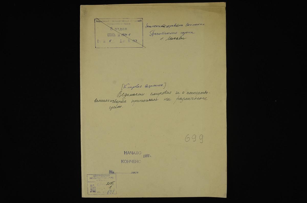 МОСКВА, ПРЕЧИСТЕНСКИЙ СОРОК, ВЕДОМОСТИ: КЛИРОВАЯ; О СБОРАХ И ПОЖЕРТВОВАНИЯХ ПРИХОЖАН НА РАЗЛИЧНЫЕ ЦЕЛИ ЦЕРКВИ ЗНАМЕНСКОЙ НА ЗНАМЕНКЕ – Титульная страница единицы хранения