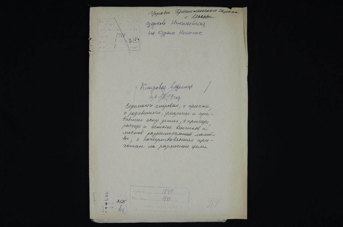 МОСКВА, ПРЕЧИСТЕНСКИЙ СОРОК, ВЕДОМОСТИ: КЛИРОВАЯ; О ПРИЧТЕ; О РОДИВШИХСЯ, УМЕРШИХ И ПРИВИВШИХ ОСПУ ДЕТЯХ; О ПРИХОДЕ, РАСХОДЕ И ОСТАТКЕ ВЕНЧИКОВ И ЛИСТОВ РАЗРЕШИТЕЛЬНОЙ МОЛИТВЫ; О ПОЖЕРТВОВАНИЯХ ПРИХОЖАН НА РАЗЛИЧНЫЕ ЦЕЛИ ЦЕРКВИ НИКОЛАЕВСКОЙ...