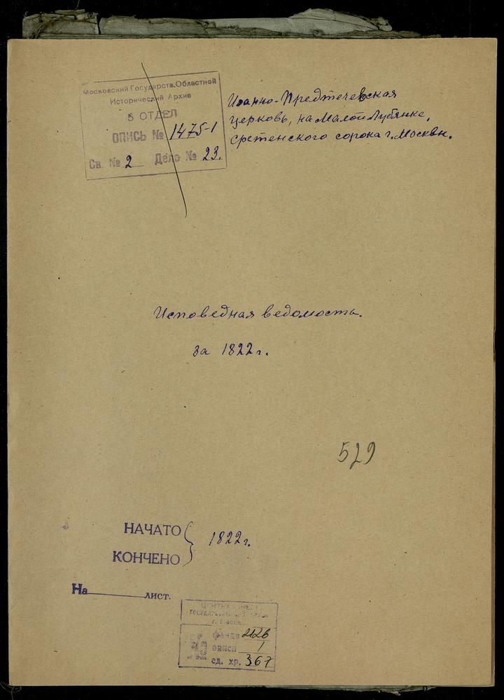 ИСПОВЕДНЫЕ ВЕДОМОСТИ, МОСКВА, СРЕТЕНСКИЙ СОРОК, ЦЕРКОВЬ ИОАННО-ПРЕДТЕЧЕВСКАЯ НА МАЛОЙ ЛУБЯНКЕ – Титульная страница единицы хранения