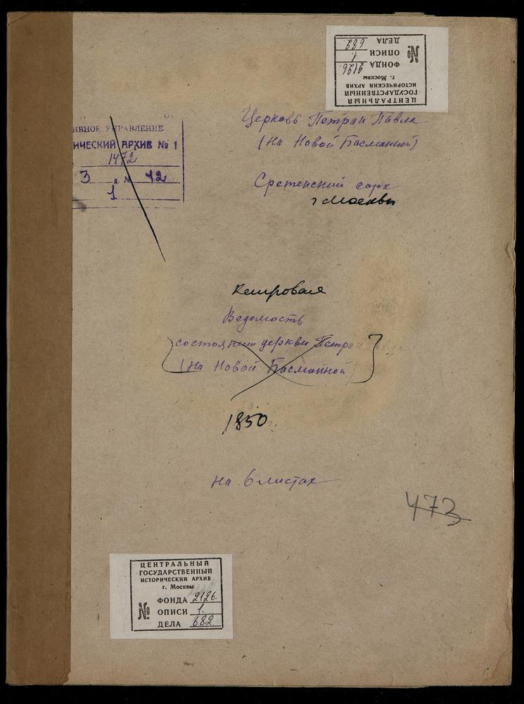 КЛИРОВЫЕ ВЕДОМОСТИ, МОСКВА, СРЕТЕНСКИЙ СОРОК, ЦЕРКОВЬ ПЕТРОПАВЛОВСКАЯ В НОВОЙ БАСМАННОЙ – Титульная страница единицы хранения