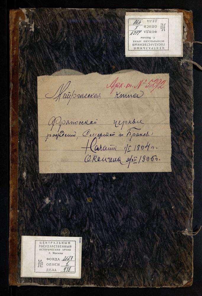 МЕТРИЧЕСКИЕ КНИГИ, МОСКОВСКАЯ ГУБЕРНИЯ, БОГОРОДСКИЙ УЕЗД, ФРЯНОВО СЕЛО, ПРЕДТЕЧЕВСКАЯ ЦЕРКОВЬ, МЕТРИЧЕСКАЯ КНИГА – Титульная страница единицы хранения