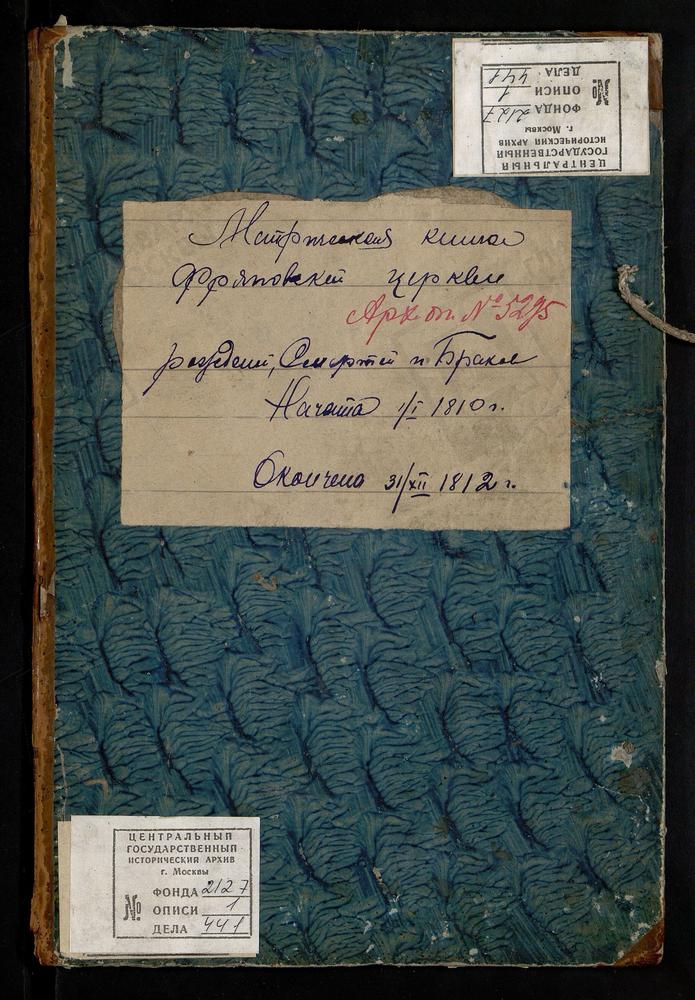 МЕТРИЧЕСКИЕ КНИГИ, МОСКОВСКАЯ ГУБЕРНИЯ, БОГОРОДСКИЙ УЕЗД, ФРЯНОВО СЕЛО, ПРЕДТЕЧЕВСКАЯ ЦЕРКОВЬ, МЕТРИЧЕСКАЯ КНИГА – Титульная страница единицы хранения