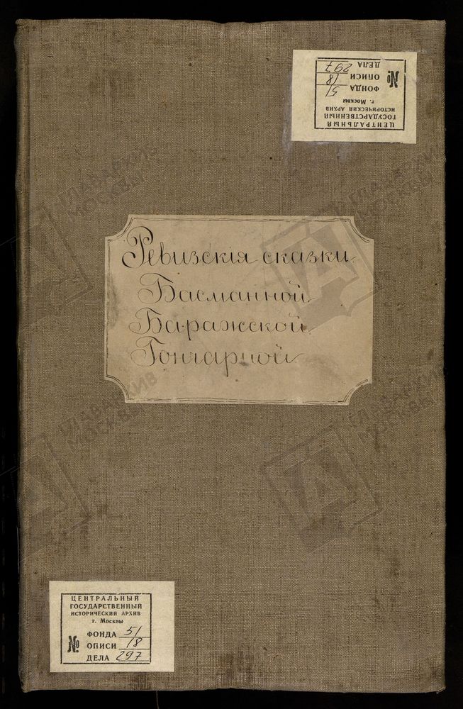 РЕВИЗСКИЕ СКАЗКИ, Книга ревизских сказок купцов Басманной, Баражской, Гончарной слобод г. Москвы по 9-й ревизии – Титульная страница единицы хранения