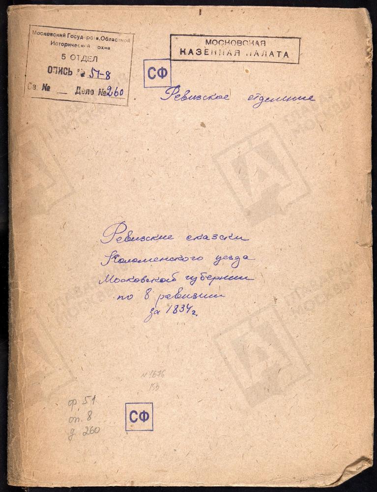 Ревизские сказки, Московская губерния, Коломенский уезд, 8 ревизия, Ревизские сказки крестьян и дворовых разных владельцев Коломенского у. по 8-й ревизии – Титульная страница единицы хранения