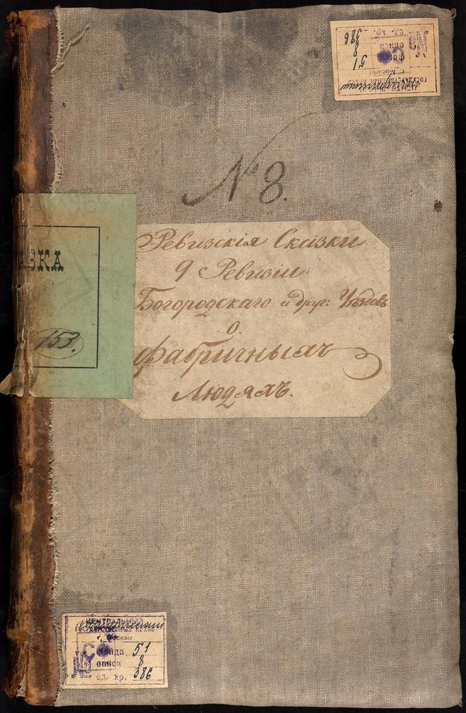 Ревизские сказки, Московская губерния, Богородский уезд, 9 ревизия, Ревизские сказки фабричных казенной лосиной фабрики, Фряновской фабрики купца Ефимова, Успенского порохового завода и бумажной фабрики Губина, посессионной фабрики сельца...