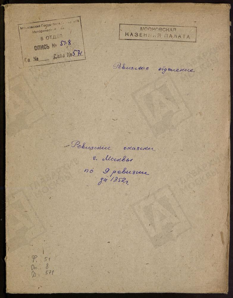 Ревизские сказки, Москва, 9 ревизия, Ревизские сказки мещан Новгородской, Екатерининской, Бронной, Алексеевской, Лужников Крымских слобод г. Москвы по 9-й ревизии – Титульная страница единицы хранения