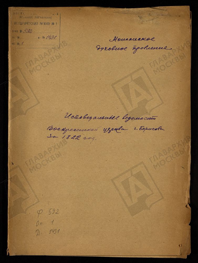 ИСПОВЕДНЫЕ ВЕДОМОСТИ, МОСКОВСКАЯ ГУБЕРНИЯ, МОЖАЙСКИЙ УЕЗД, ЦЕРКОВЬ ВОСКРЕСЕНСКАЯ, СЕЛА БОРИС-ГОРОДКА – Титульная страница единицы хранения