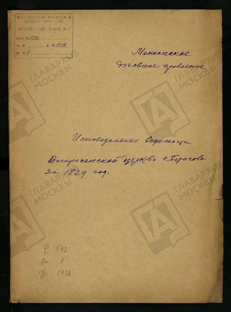 ИСПОВЕДНЫЕ ВЕДОМОСТИ, МОСКОВСКАЯ ГУБЕРНИЯ, МОЖАЙСКИЙ УЕЗД, ЦЕРКОВЬ ВОСКРЕСЕНСКАЯ, СЕЛА БОРИС-ГОРОДКА – Титульная страница единицы хранения