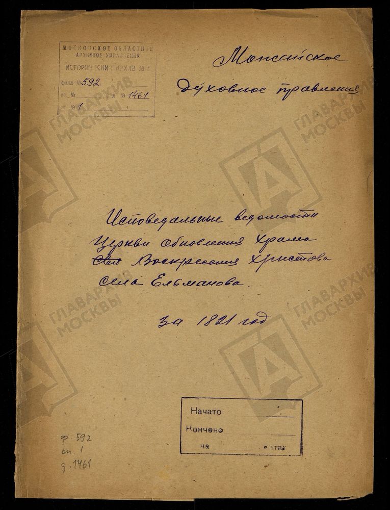 ИСПОВЕДНЫЕ ВЕДОМОСТИ, МОСКОВСКАЯ ГУБЕРНИЯ, МОЖАЙСКИЙ УЕЗД, ЦЕРКОВЬ ВОСКРЕСЕНСКАЯ СЕЛА ЕЛМАНОВА – Титульная страница единицы хранения