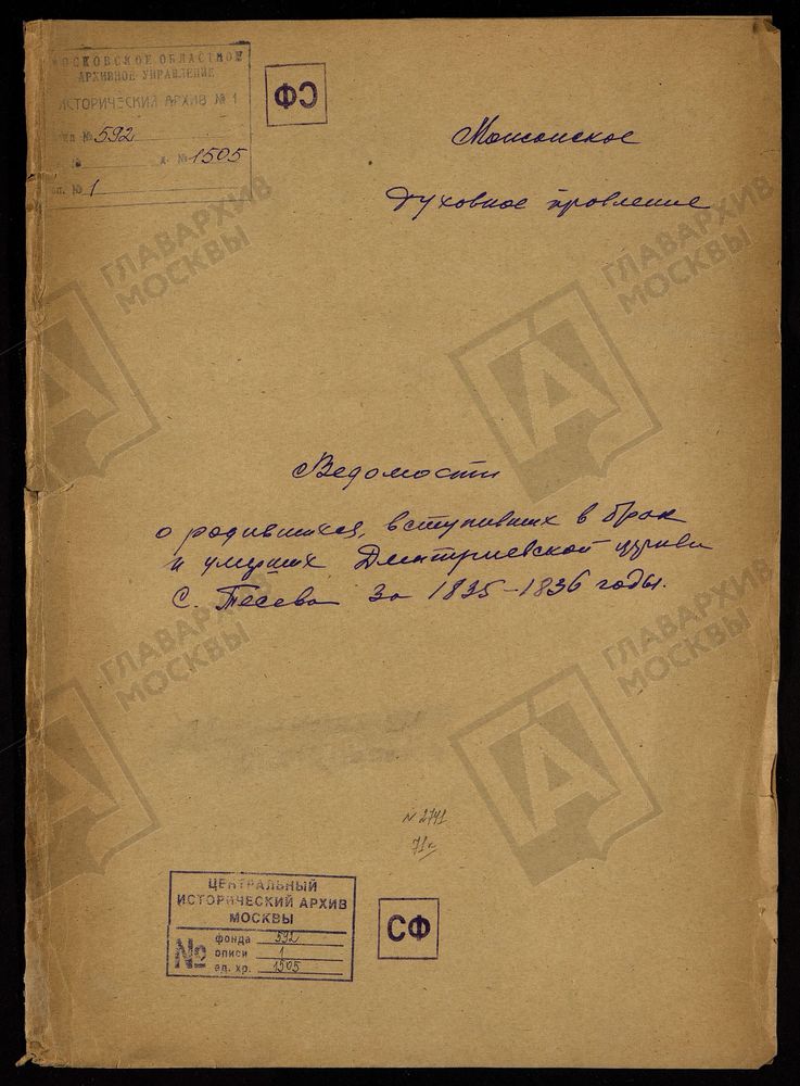 МЕТРИЧЕСКИЕ КНИГИ, МОСКОВСКАЯ ГУБЕРНИЯ, МОЖАЙСКИЙ УЕЗД, ЦЕРКОВЬ ДИМИТРИЕ-СЕЛУНСКАЯ СЕЛА ТЕСОВА [Комментарии пользователей: Села Тесова.] – Титульная страница единицы хранения